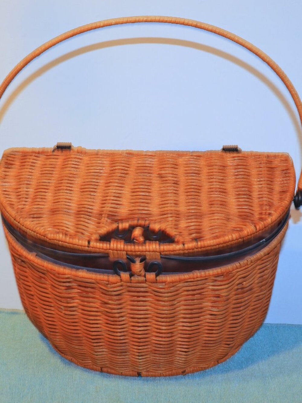 Princess House Rattan Basket , Half Moon Oval Basket Lid Handle & Liner